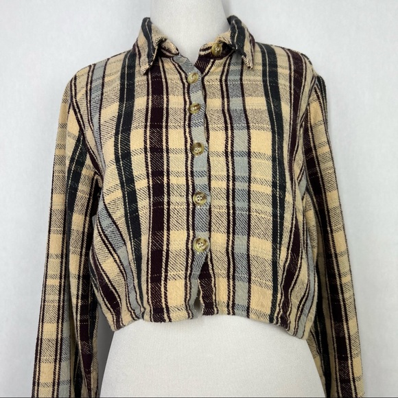 Urban Outfitters Brown Checkered Women’s znutton Down Crop Top Size Large - Picture 2 of 4